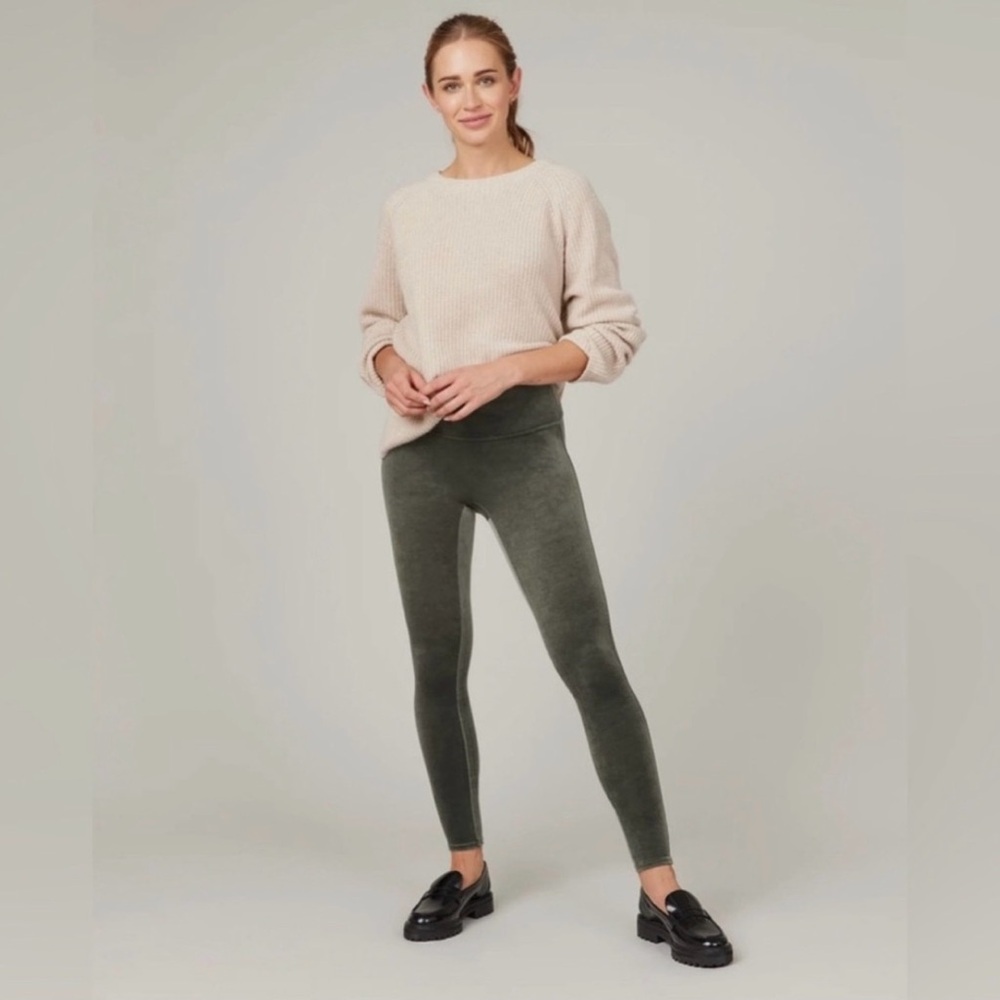 SPANX Contoured‎ Power Waistband Velvet Leggings in Dark Palm Green Size Large